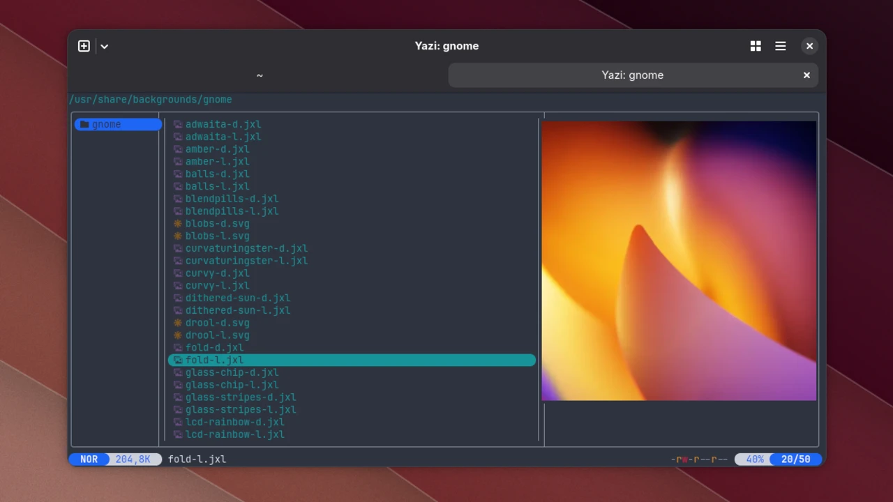 Ghostty mit dem Dateimanager Yazi im Ordner /usr/share/backgrounds/gnome, rechts die Vorschau des Hintergrunds fold-l.jxl