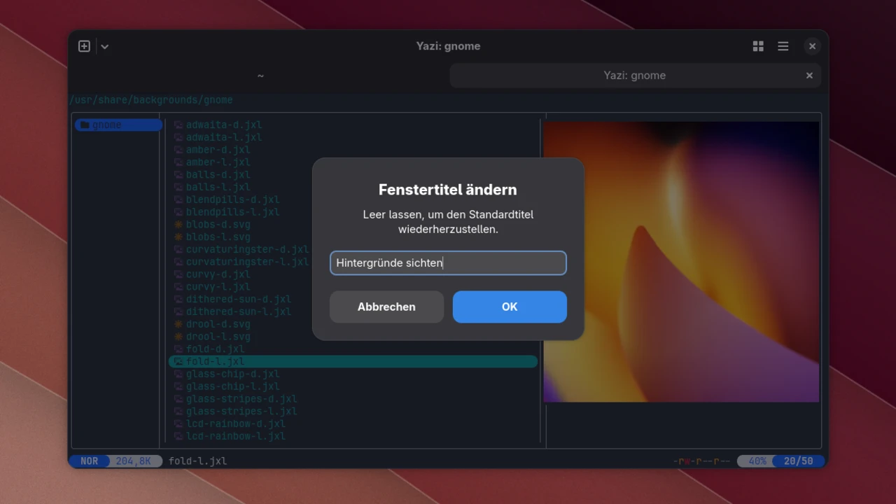 Ghostty mit dem Dialog Fenstertitel ändern über Yazi, im Eingabefeld steht Hintergründe sichten