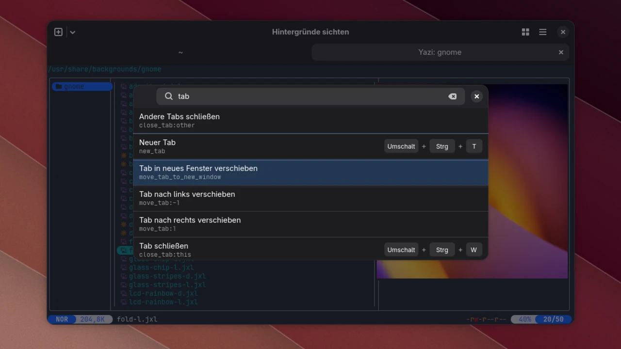 Ghosttys Befehlspalette mit dem Suchbegriff tab, markiert ist der Eintrag Tab in neues Fenster verschieben