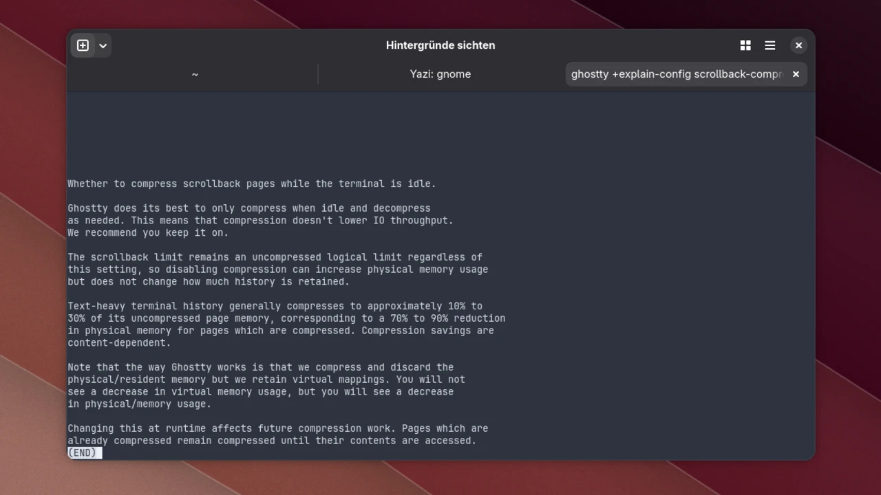 Ghostty zeigt im Pager die Erklärung zur Option scrollback-compression, darüber die Tableiste mit drei Tabs