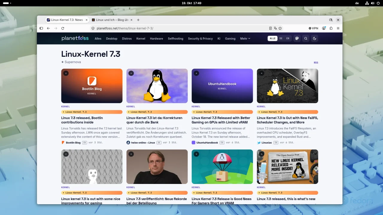 Themenseite Linux-Kernel 7.3 auf planetfoss.net mit Supernova-Kennzeichnung und Karten von Bootlin, heise online, UbuntuHandbook, Linuxiac und weiteren Quellen