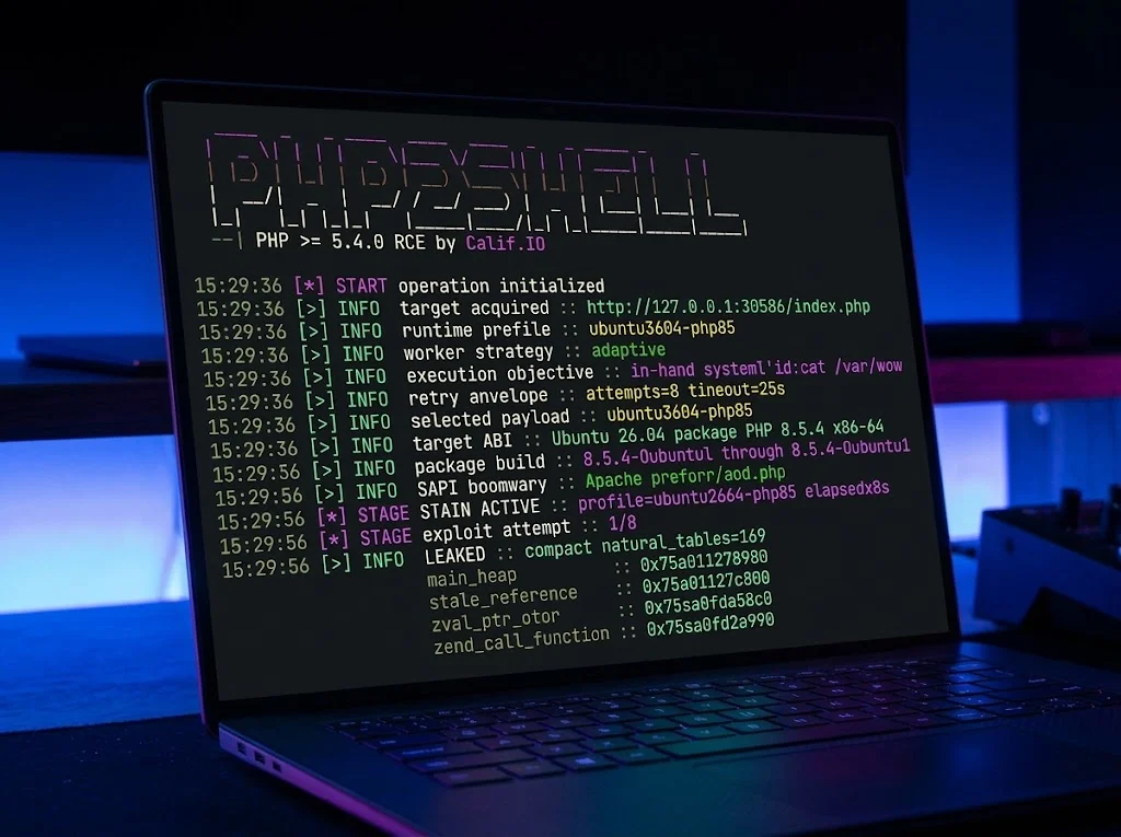 Laptop mit schwarzem Bildschirm zeigt eine Kommandozeile mit dem Titel 'PHPSHELL' und mehreren Statusmeldungen zu einem PHP-Exploit-Versuch