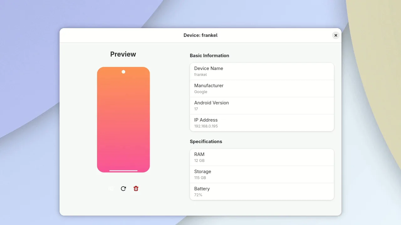 Screenshot: Aurynk-Fenster Device frankel mit Basisinformationen und technischen Daten des Pixel 10