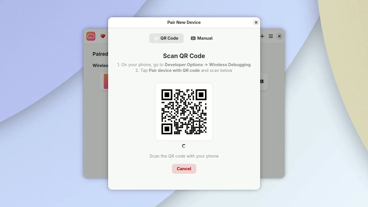 Screenshot: Aurynk-Dialog Pair New Device mit QR-Code und den Reitern QR Code und Manual