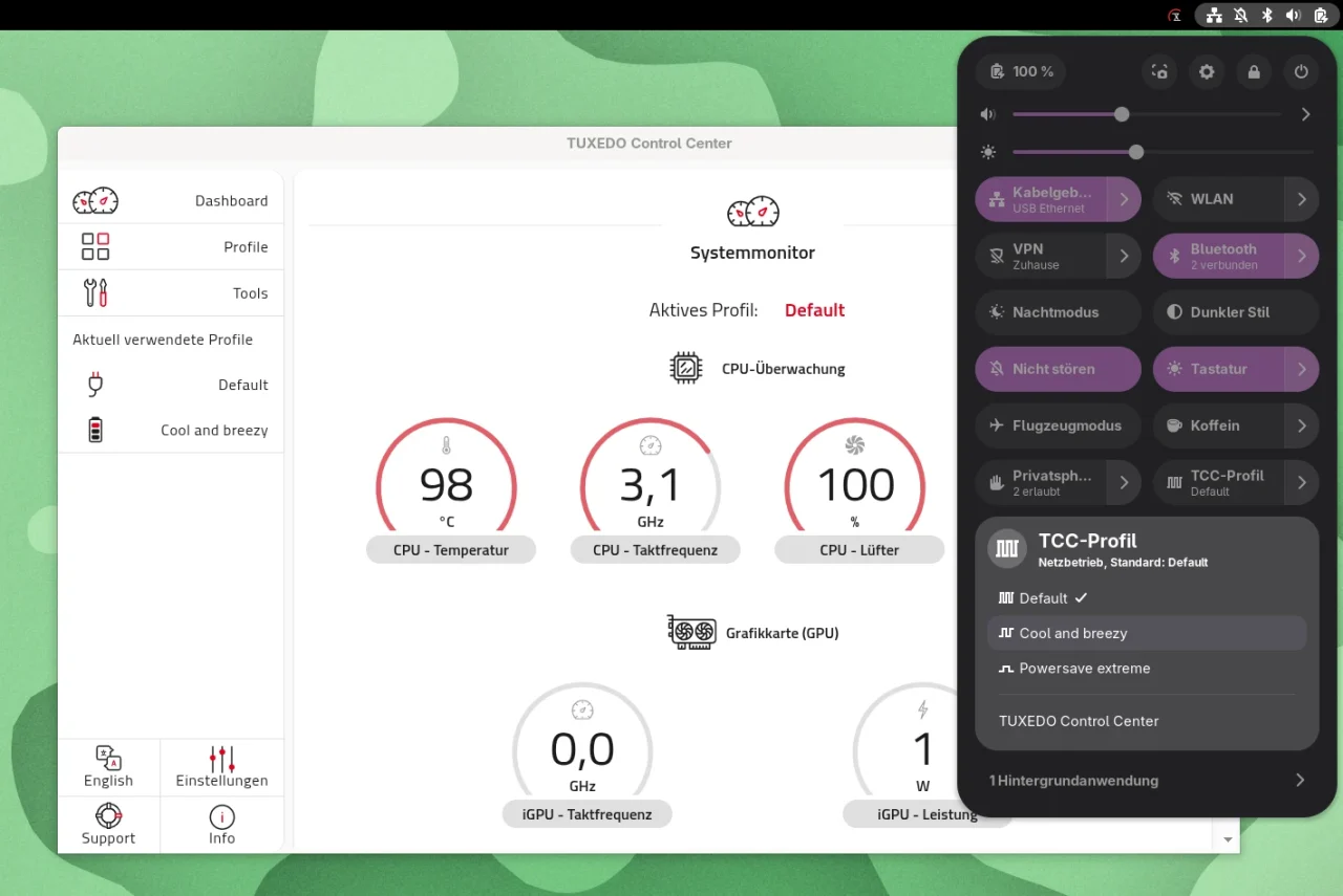 Das TUXEDO Control Center im Hintergrund, rechts das geöffnete Schnellmenü mit der Kachel TCC-Profil und der Auswahl Default, Cool and breezy und Powersave extreme.