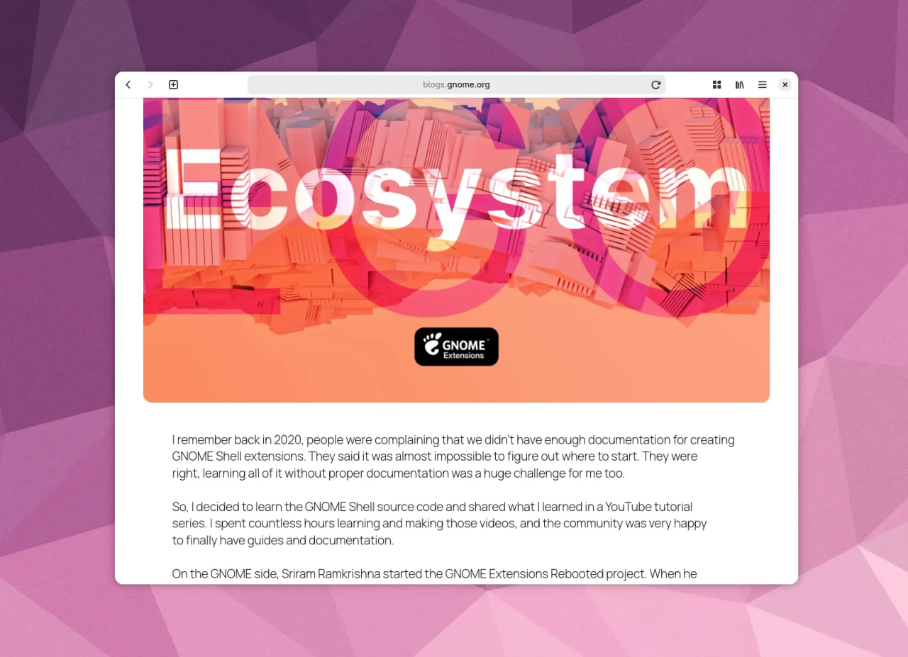 Der Blogbeitrag auf blogs.gnome.org mit dem Titelbild Ecosystem, darunter die ersten Absätze über die Anfänge 2020.