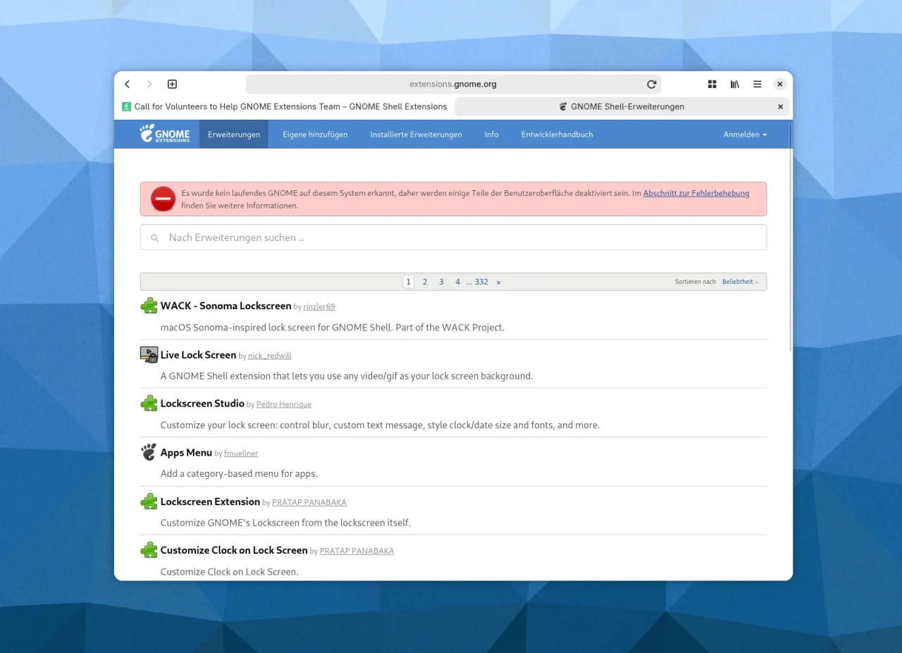 Browserfenster mit extensions.gnome.org, sortiert nach Beliebtheit: oben Lockscreen-Erweiterungen, im zweiten Tab der Aufruf für Freiwillige.