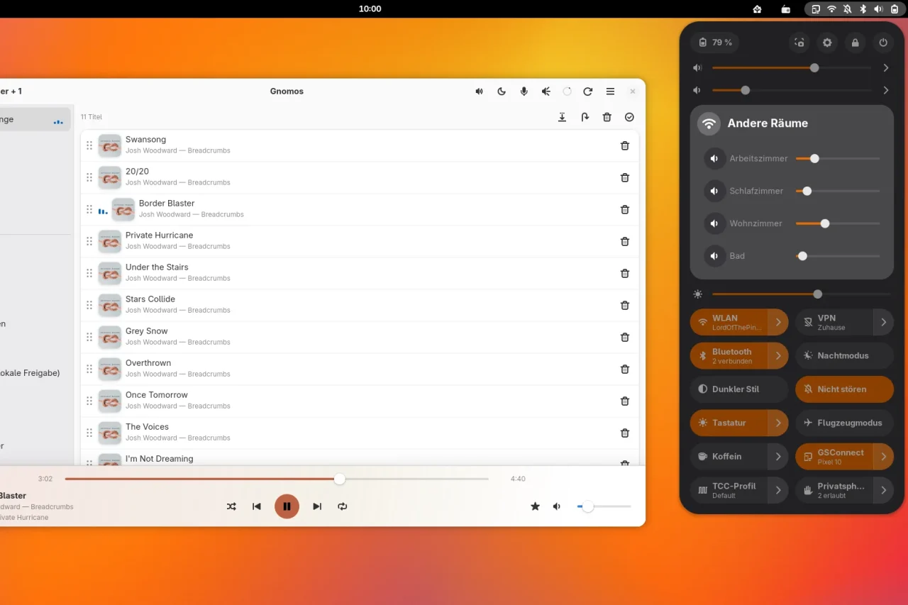 Neben dem Gnomos-Fenster sind die GNOME-Schnelleinstellungen geöffnet. Unter Andere Räume stehen Regler für Arbeitszimmer, Schlafzimmer, Wohnzimmer und Bad, darunter die üblichen Schalter wie WLAN und Bluetooth.