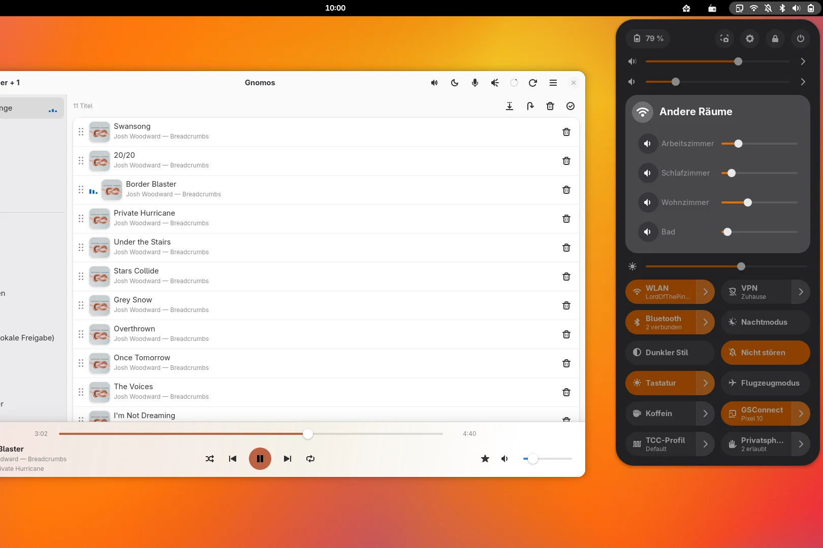 Gnomos neben den GNOME-Schnelleinstellungen mit Sonos-Regler und den Reglern aller Räume