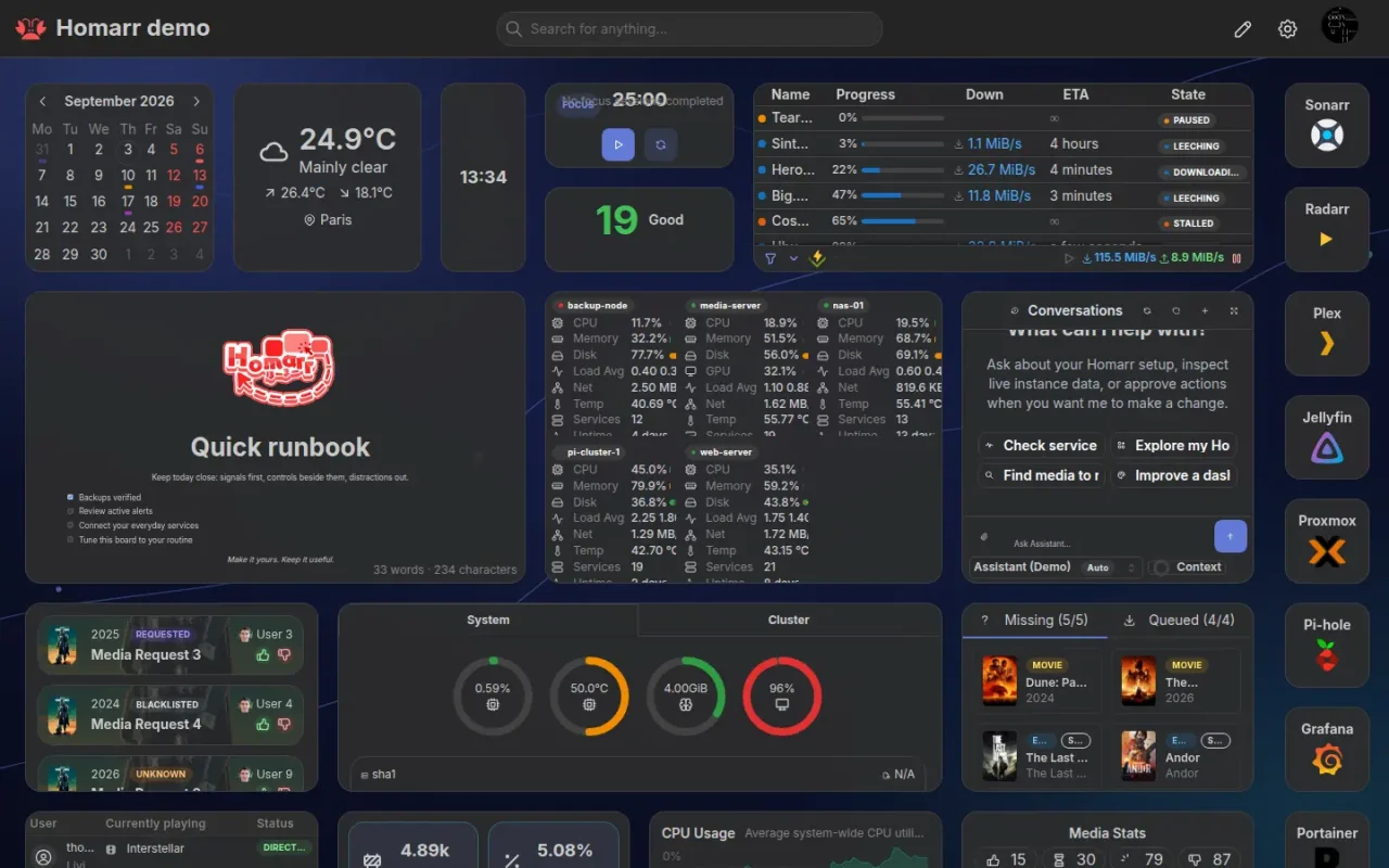 Ein gefülltes Homarr-2.0-Dashboard mit kompakten Widgets, dem Assistant und einer Leiste mit Anwendungen.