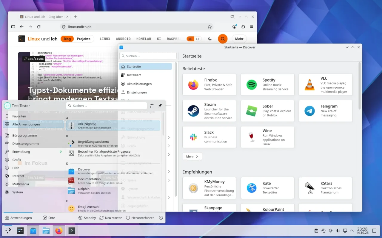 KDE-Plasma-Desktop mit geöffnetem Startmenü, der Software-Verwaltung Discover und einem Firefox-Browserfenster.