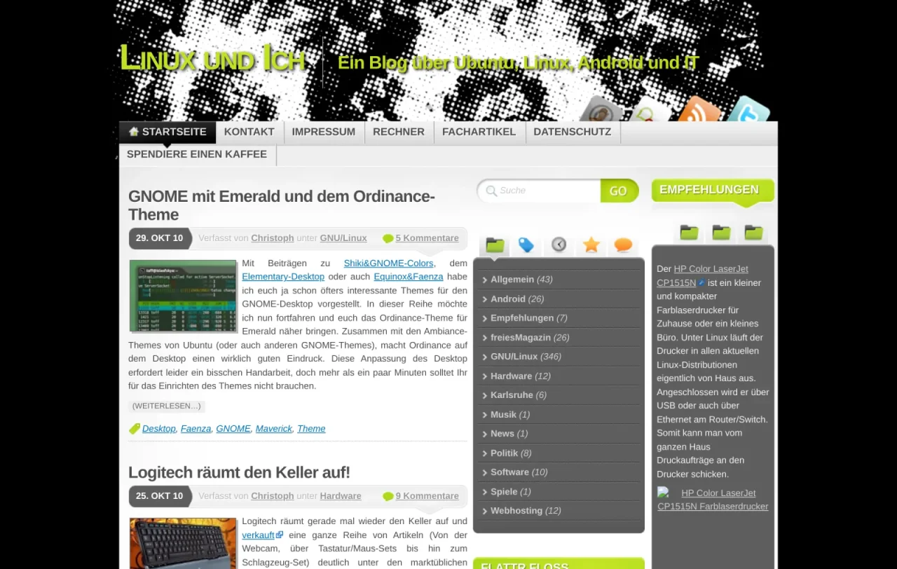 Front page of Linux und Ich in 2010: green design on a black background