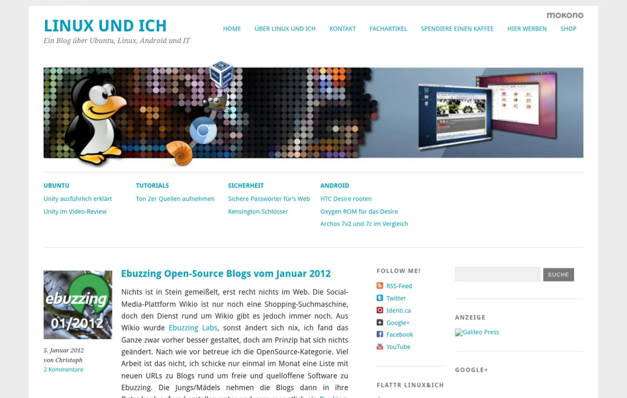 Front page of Linux und Ich in 2012: white design with a penguin banner