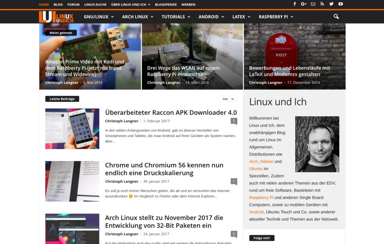 Front page of Linux und Ich in 2017: dark header with large lead images