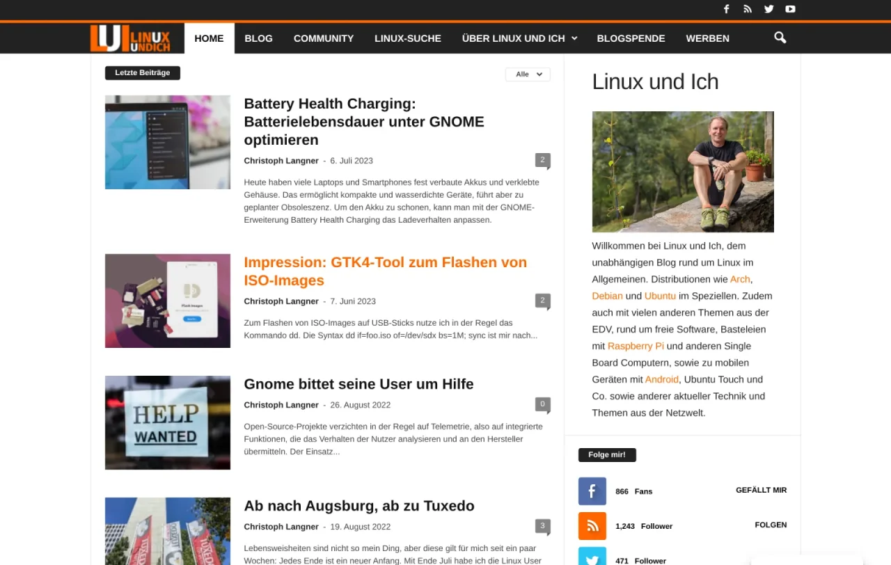 Front page of Linux und Ich in 2024: dark header and article list