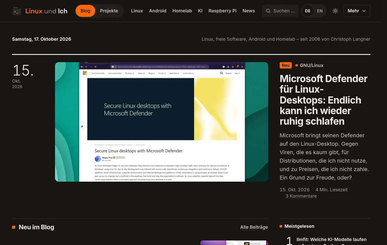 Front page of Linux und Ich in the dark color scheme
