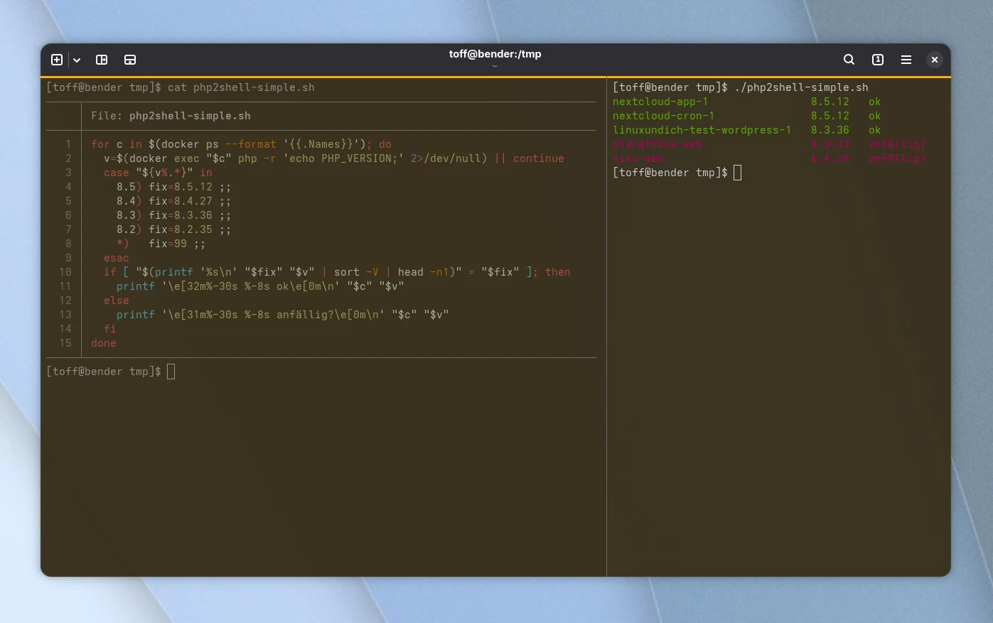 Geteiltes Terminalfenster auf bender: links das Skript php2shell-simple.sh mit Zeilennummern, rechts seine Ausgabe mit grünen und roten Containernamen samt PHP-Version