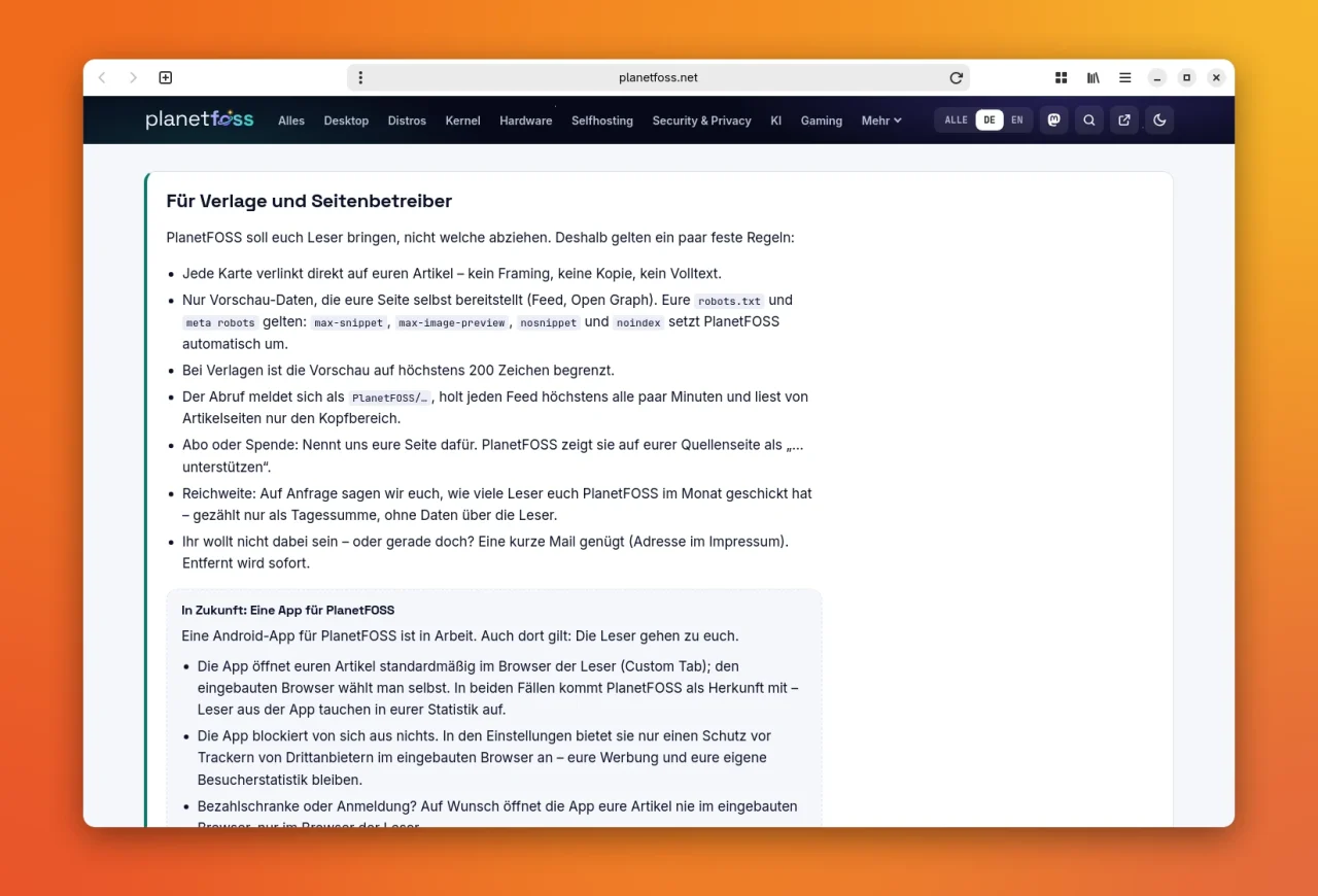 Abschnitt „Für Verlage und Seitenbetreiber“ auf der Seite Über PlanetFOSS: eine Liste mit Regeln wie direkten Links, Vorschau auf 200 Zeichen und Reichweite auf Anfrage, darunter ein Kasten zur geplanten Android-App.