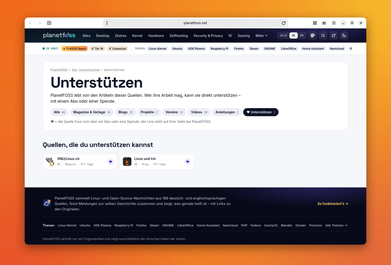 Seite Unterstützen im Sonnensystem von PlanetFOSS: Neben Reitern wie Alle, Magazine & Verlage und Blogs ist der Reiter Unterstützen aktiv, darunter stehen GNU/Linux.ch und Linux und Ich mit je einem Herz.