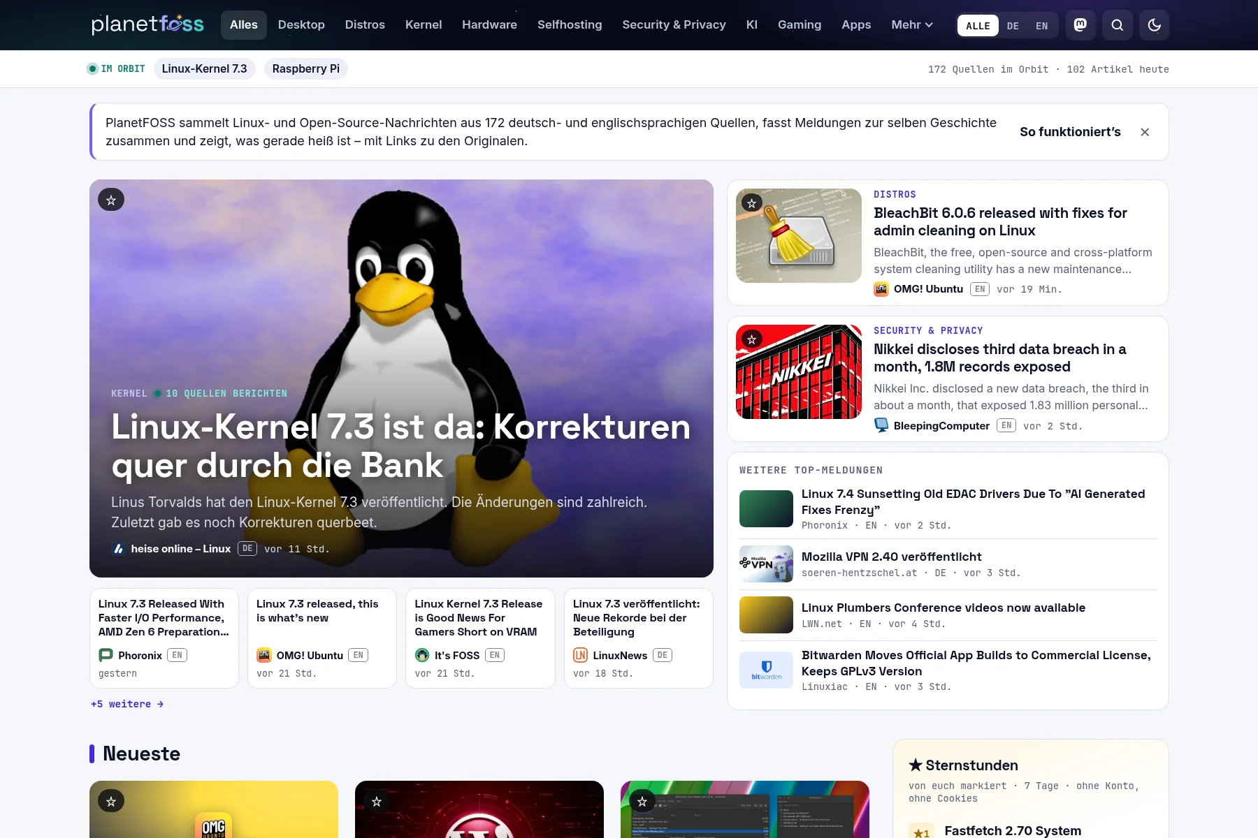 Startseite von PlanetFOSS mit gebündelten Meldungen zum Linux-Kernel