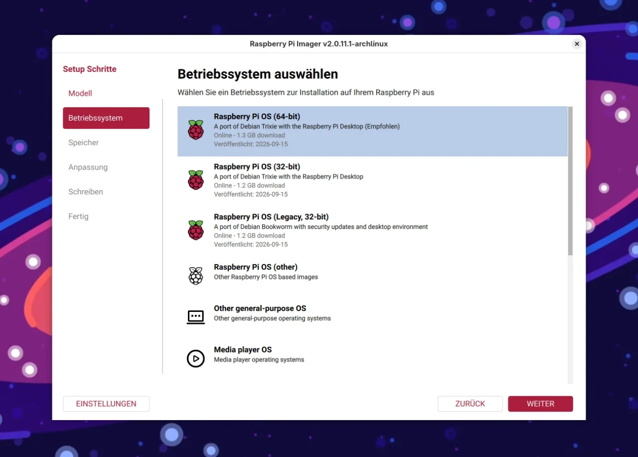 Betriebssystem-Auswahl im Raspberry Pi Imager mit Raspberry Pi OS in 64 Bit, 32 Bit und Legacy sowie weiteren Kategorien.