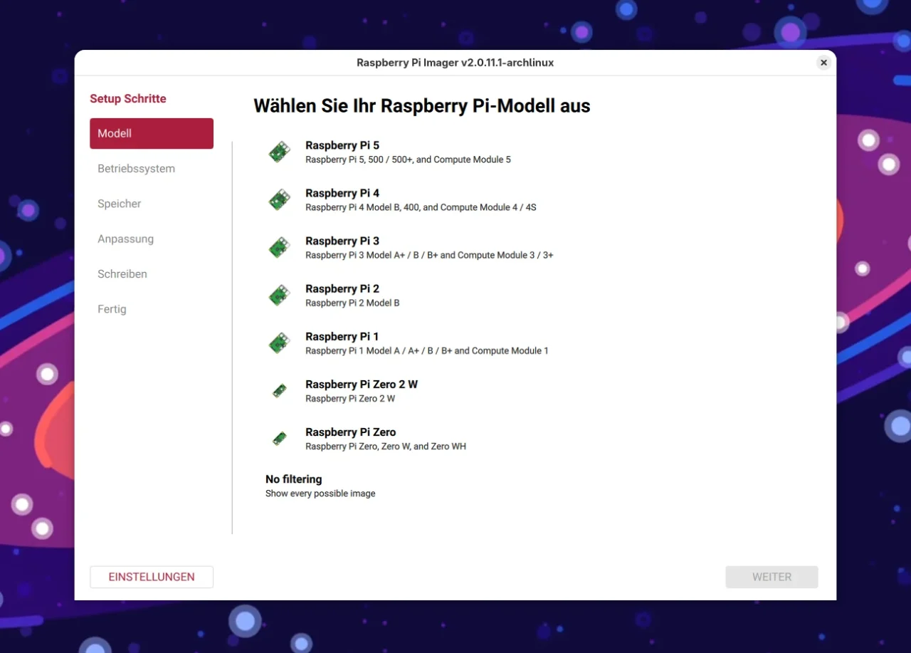 Raspberry Pi Imager 2.0.11.1 unter Arch Linux mit Schrittleiste und Modellliste von Raspberry Pi 5 bis Pi Zero.