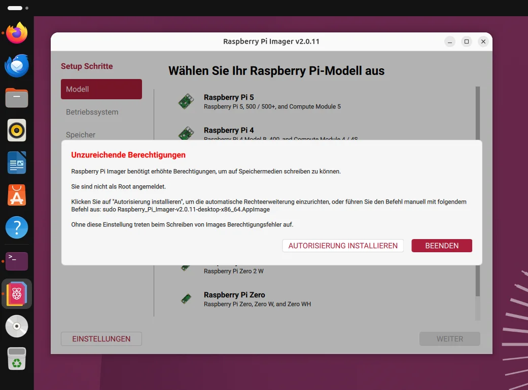 Dialog Unzureichende Berechtigungen im Raspberry Pi Imager 2.0.11 unter Ubuntu mit Autorisierung installieren und Beenden.