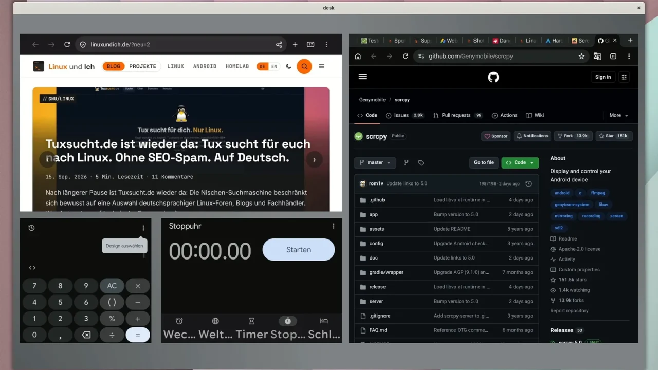 Screenshot: scrcpy-Fenster im Desktop-Modus des Pixel 10 mit vier gleichzeitig geöffneten Apps in einzelnen Fenstern