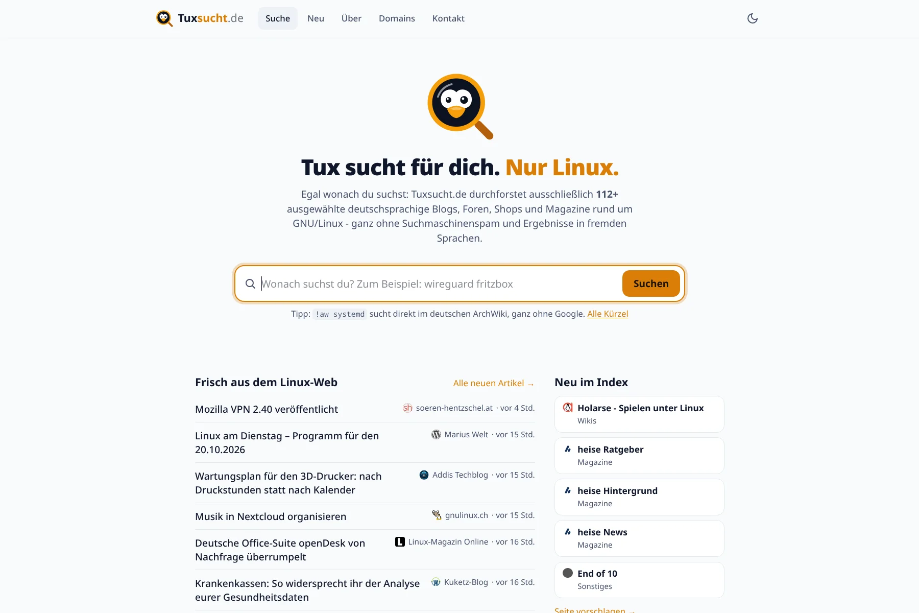 Startseite von tuxsucht.de mit Suchfeld und neuen Artikeln aus dem Linux-Web
