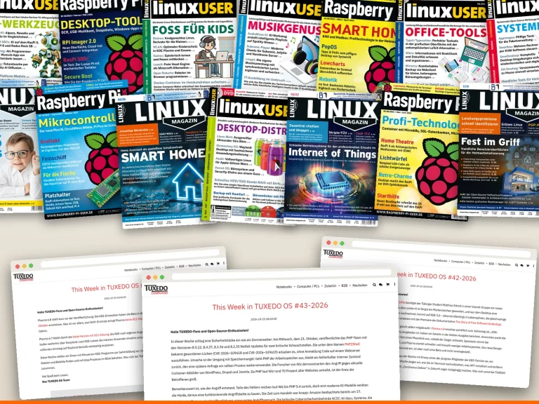 Kollage aus Titelseiten von LinuxUser, Linux-Magazin und Raspberry Pi Geek und Bildschirmfotos von „This Week in TUXEDO OS“