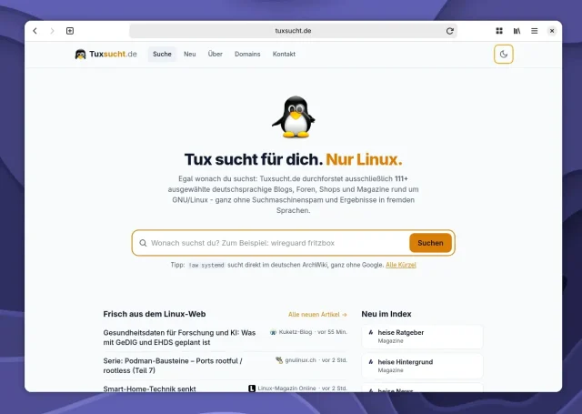 Startseite der Webseite Tuxsucht mit dem Linux-Pinguin-Logo, Suchfeld und Texten zu Linux-Themen.