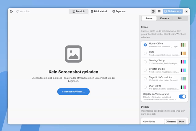 Scene Composer in Aktion: Ein Screenshot wird geladen, in verschiedene 3D-Szenen wie Café, Gaming-Desktop, Homeoffice und Podcast-Studio eingesetzt, gedreht und gezoomt. Anschließend wird eine Vorschau gerendert.